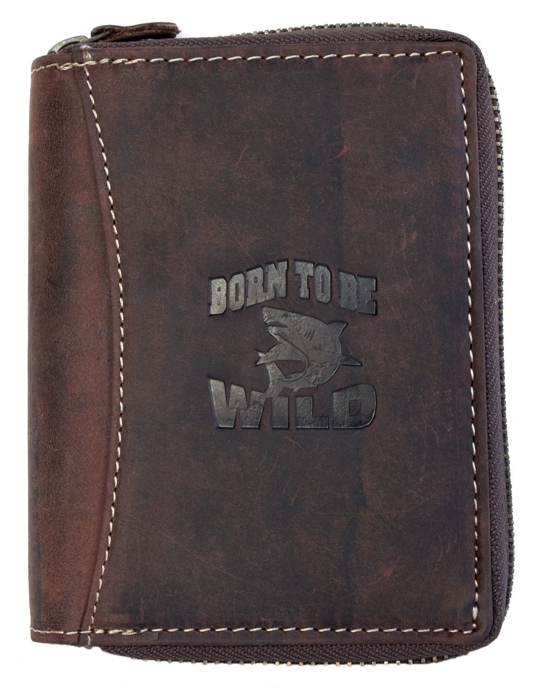 Born to be Wild Large Zip-around Genuine Leather Wallet with Shark