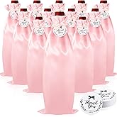 Shappy 12 Pcs Pink Satin Wine Gift Bags with Drawstrings and Tags, Wine Bottle Bags Covers Reusable for Holiday Party Supplies