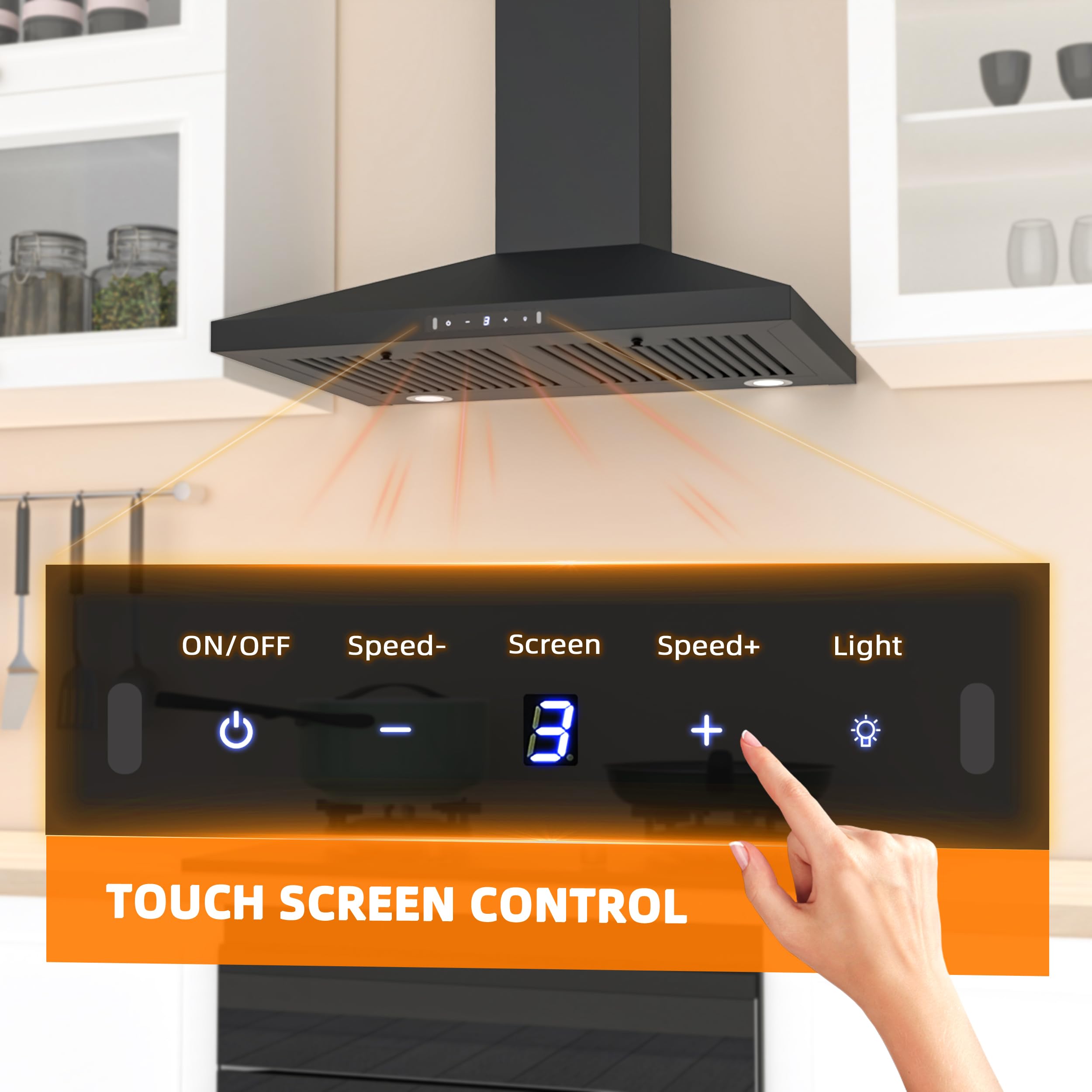 FIREGAS Black Range Hood 30 inch, 450 CFM Wall Mount Range Hood with Ducted/Ductless Convertible, Gesture Sensing Control & Touch Control Kitchen Hood Vent, Baffle Filters, Charcoal Filters