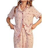 Verdusa Women's Plaid Cherry Print Pajama Set Short Ruffle Sleeve Tops Long Pants Pjs Set Sleepwear