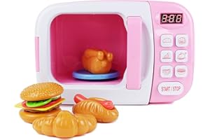 Boley Pink Microwave Playset - 11 Pc Light & Sound Pretend Play Kitchen Toys Set with Play Food for Kids Ages 3+