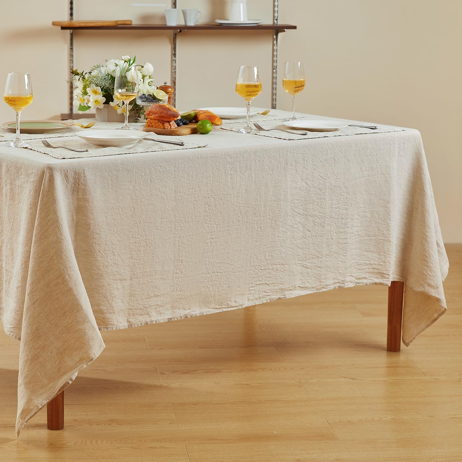 DAPU 100% French Linen Tablecloth 140 x 220 cm for Kitchen Dinning Tabletop (Natural Linen Colour/Beige) — image 1