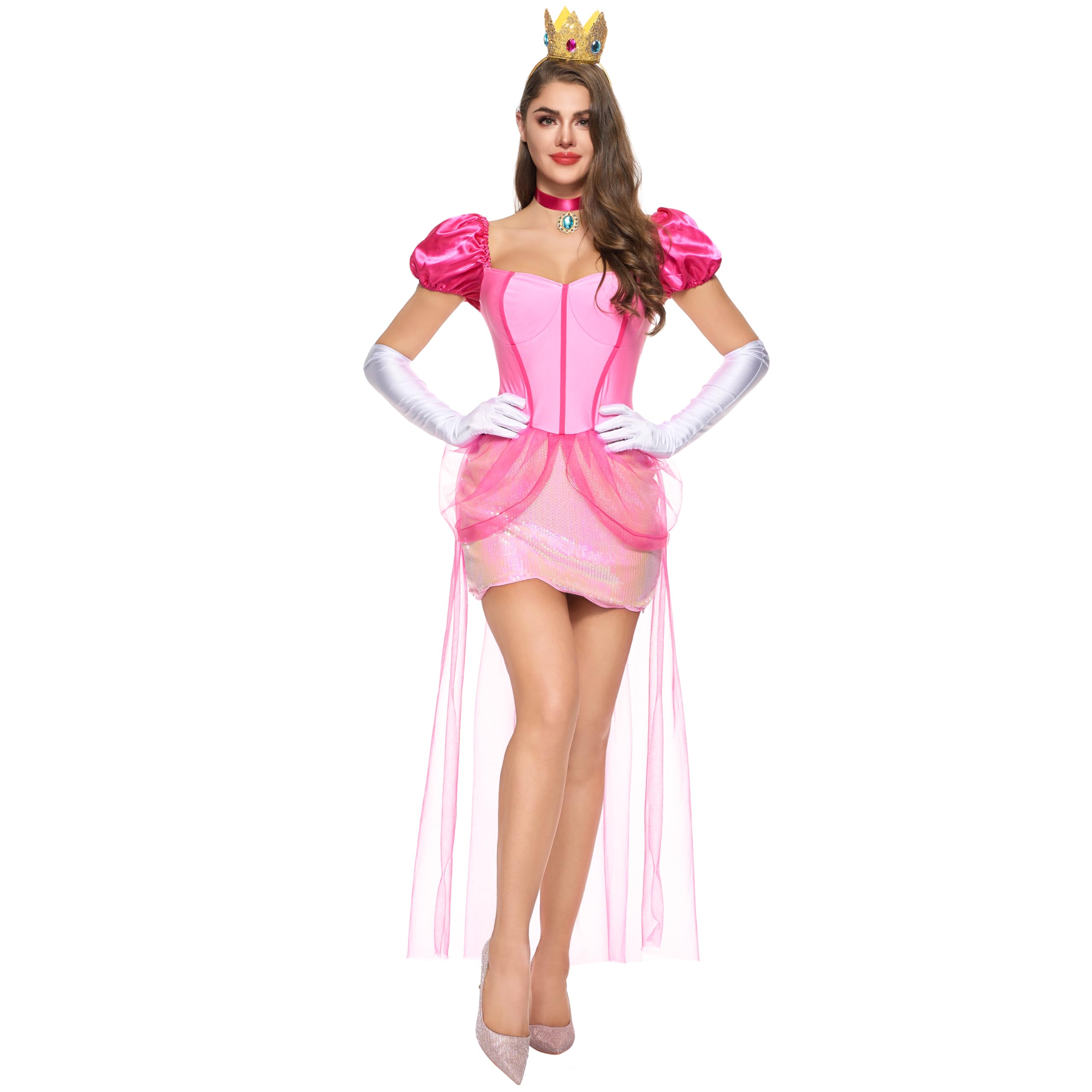 Photo 1 of Spooktacular Creations Pink Princess Costume Women, Halloween Fairy Tale Dress Adult Fancy Skirt With Necklace Crown Gloves for Birthday Cosplay Parites-XL