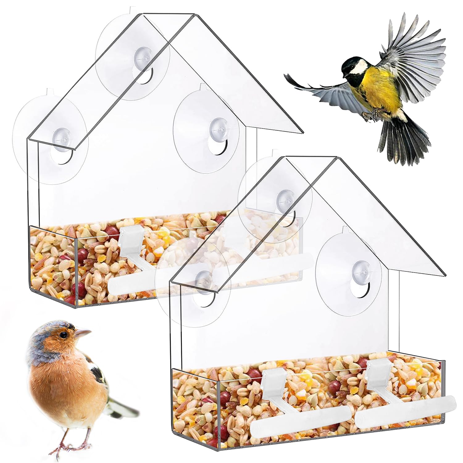 Zeqeey Window Bird Feeder Clear Acrylic with Suction Cups and Standing Pole for Feeding Wild Little Finches Robin Chickadees Sparrow