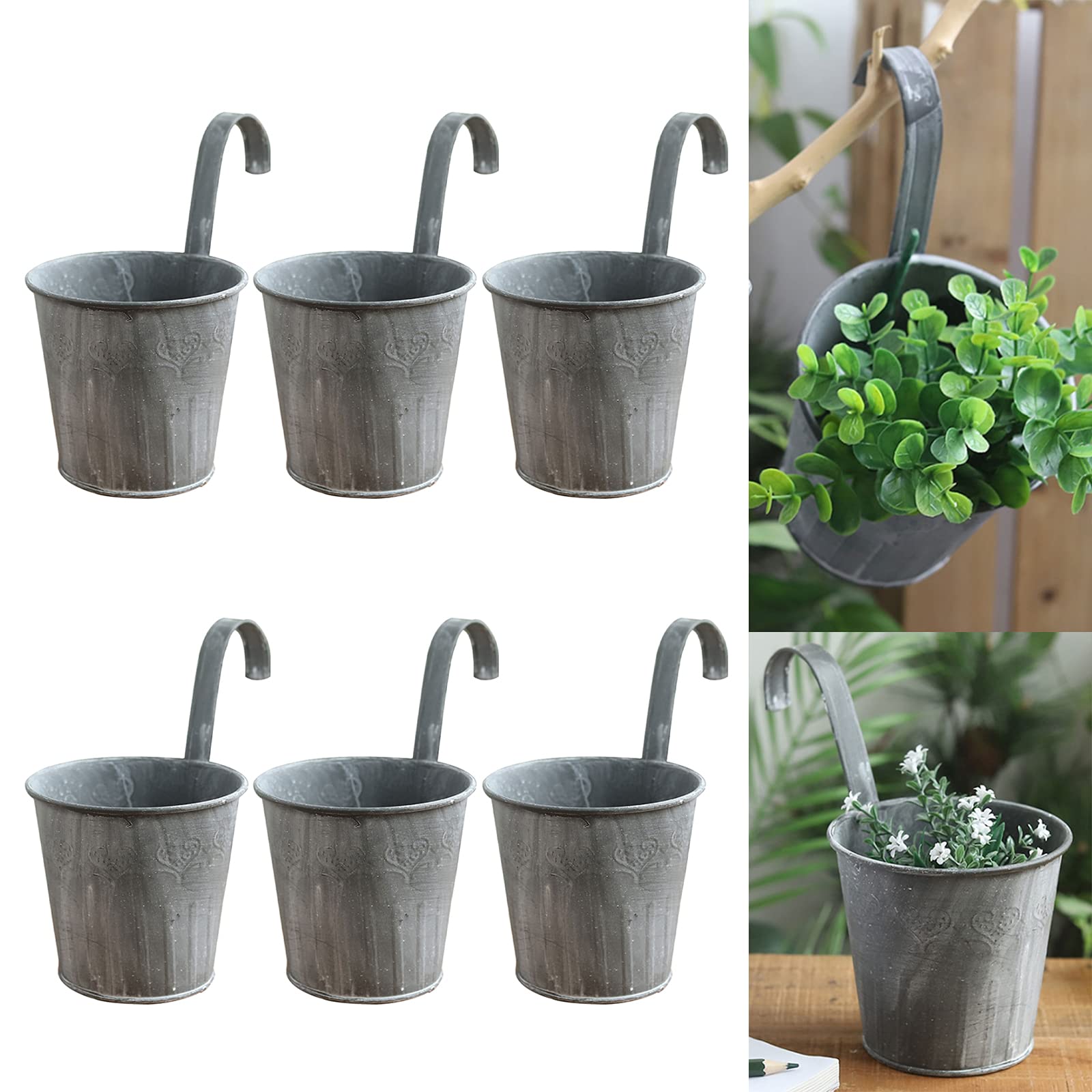 XFLOFE 6Pcs Hanging Flower Pots, 4.3 Vintage Feel Iron Wall Planter Box Metal Bucket, Garden Plant Planter Hanging Pots for Plants Outdoor, Railing Fence Balcony