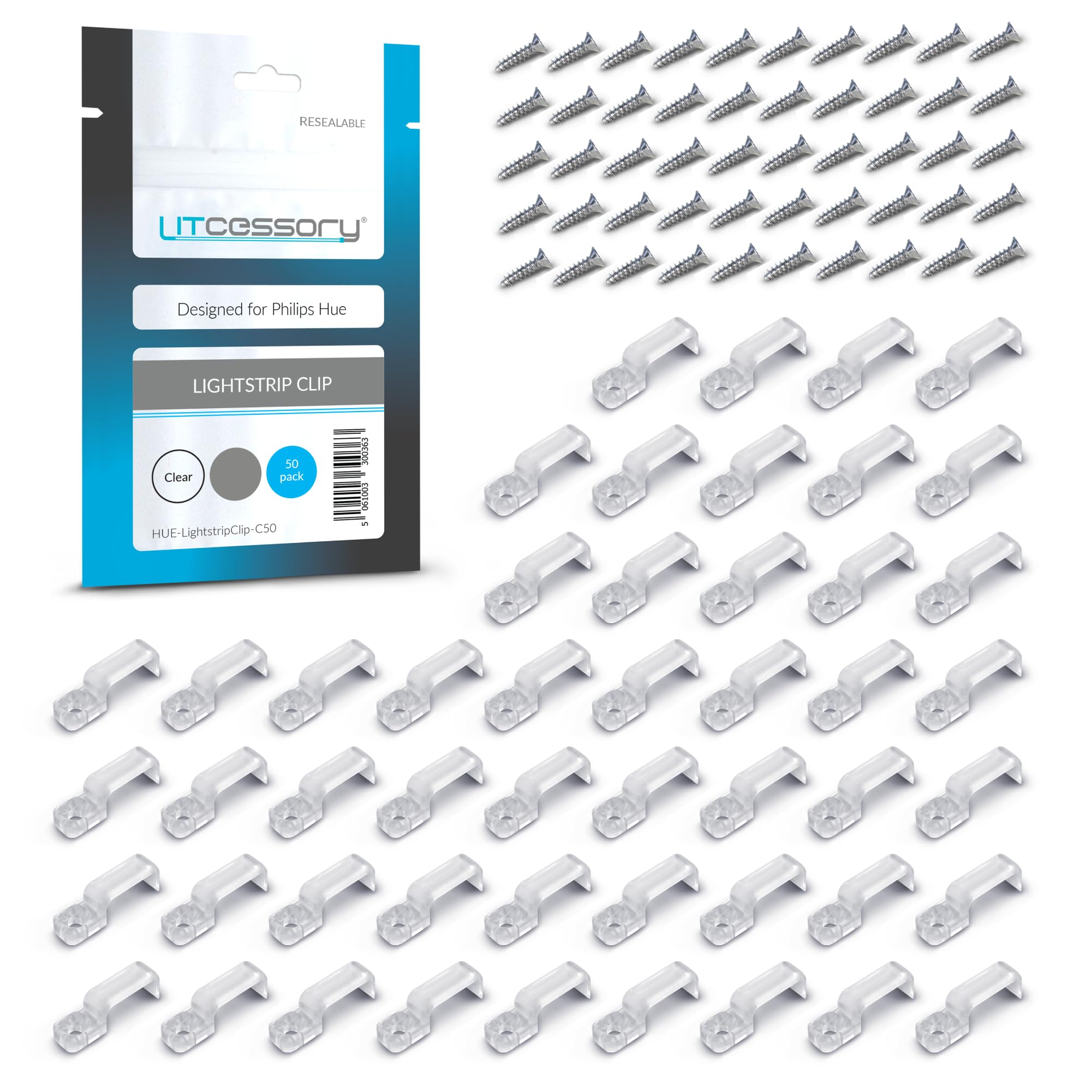 Litcessory Lightstrip Mounting Clip for Philips HUE Lightstrip - 50 Pack, Transparent, Strong, Removable - Includes Wood Screws - Easy Installation