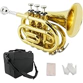YoungMonic Pocket Trumpet Bb Flat Brass Trumpet for Beginner Student with 7C Mouthpiece Carrying Hard Case Cleaning Cloth Gloves