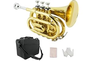 YoungMonic Pocket Trumpet Bb Flat Brass Trumpet for Beginner Student with 7C Mouthpiece Carrying Hard Case Cleaning Cloth Gloves