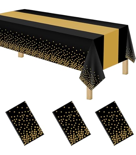 2-Pack Gold Polka Dot Black Tablecloth - 54x108 Inch Reusable Plastic Table Cover For Parties & Events