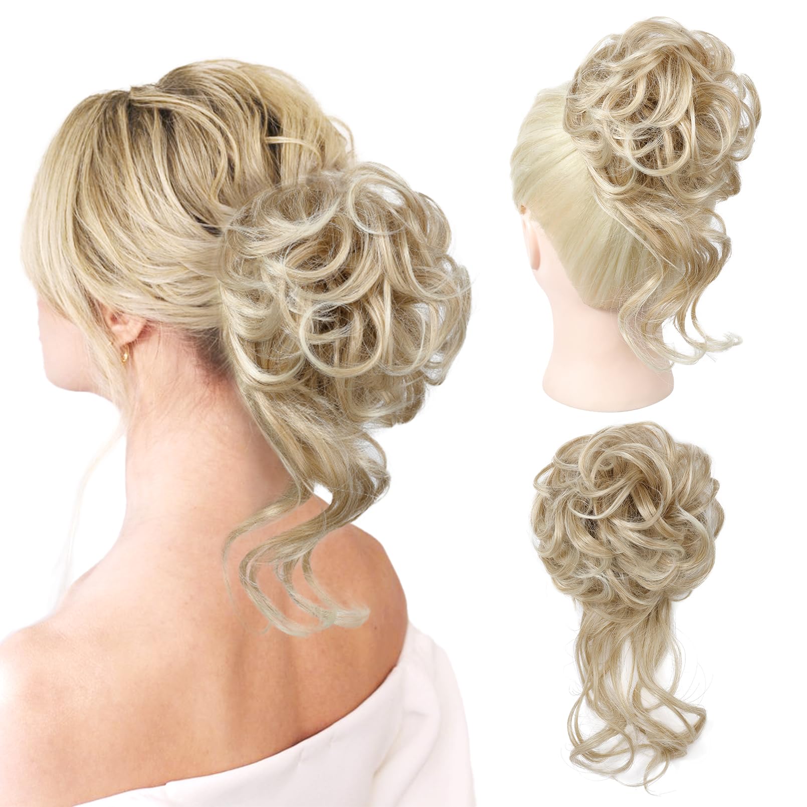 REECHO Messy Bun Hair Piece, Tousled Updo Elastic Hair Bun Hair Piece for Women Synthetic Messy Hair Bun Donut Accessories Scrunchies (Medium Blonde with Light Ends)