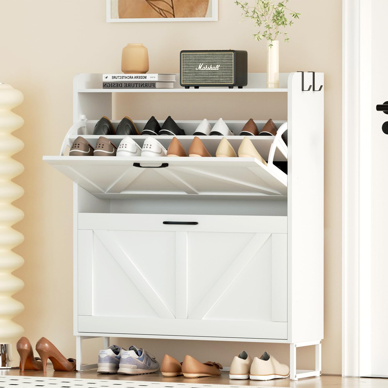 Photo 1 of (USED/FAIR) Urban Deco Shoe Storage Cabinet for Entryway, Organizer Shoe Cabinet with 2 Flip Drawers, Elegant 2 Tier Freestanding Shoe Organizer Anti-Tipping Design (White)