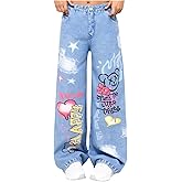 GORGLITTER Girl's Baggy Wide Leg Jeans Cartoon Graphic Flare Y2k Elastic Waist Denim Jean Pants