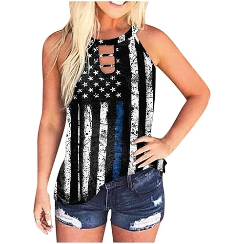 YSLMNOR Womens Halter Tank Tops Hollow Out Sleeveless T Shirt Independence Day Printed Vest