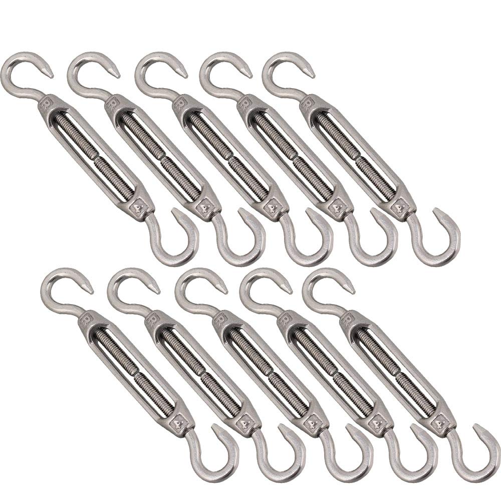 POFET 10pcs M4 Stainless Steel 304 Hook& Hook Turnbuckle Wire Rope, Strong Tension Hardware Kit for Wire Rope Tension Heavy Duty
