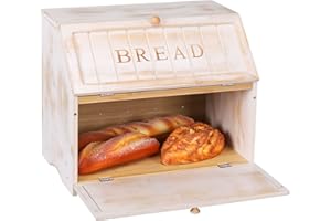 HOMEKOKO Vintage Double Layer Large Bread Box for Kitchen Counter, Retro Design Wooden Large Capacity Bread Storage Bin (Whit
