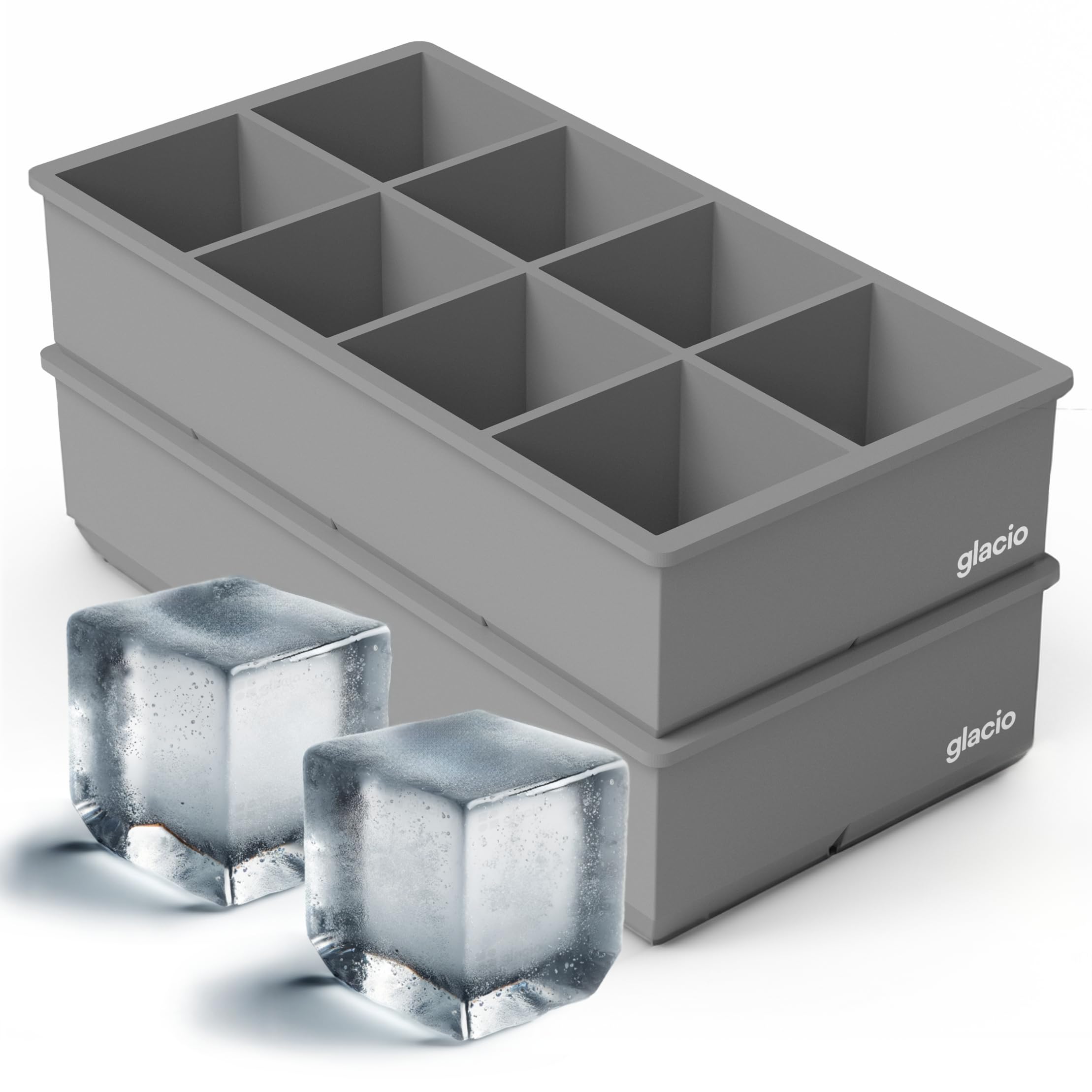 glacio Bandejas Grandes para cubitos de Hielo para Whisky - Moldes para bandejas de Hielo de silicona para hacer 8 cubitos de Hielo gigantes - Pack of 2
