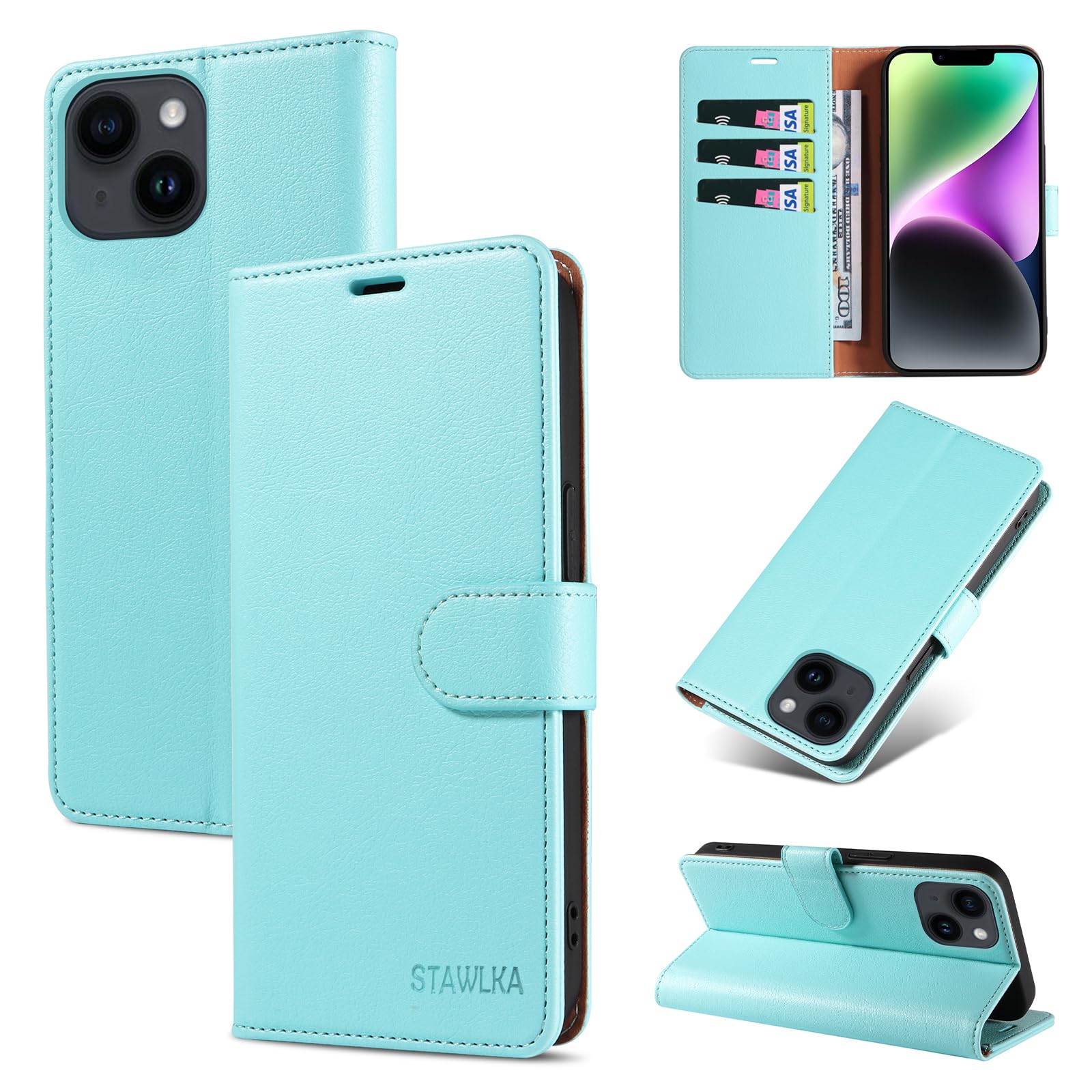 STAWLKA Case for iPhone 14, Premium PU Leather Flip Magnetic Buckle Wallet Case Kickstand Blocking RFID Shockproof Protective Phone Cover for iPhone 14 - Mint Green — image 1