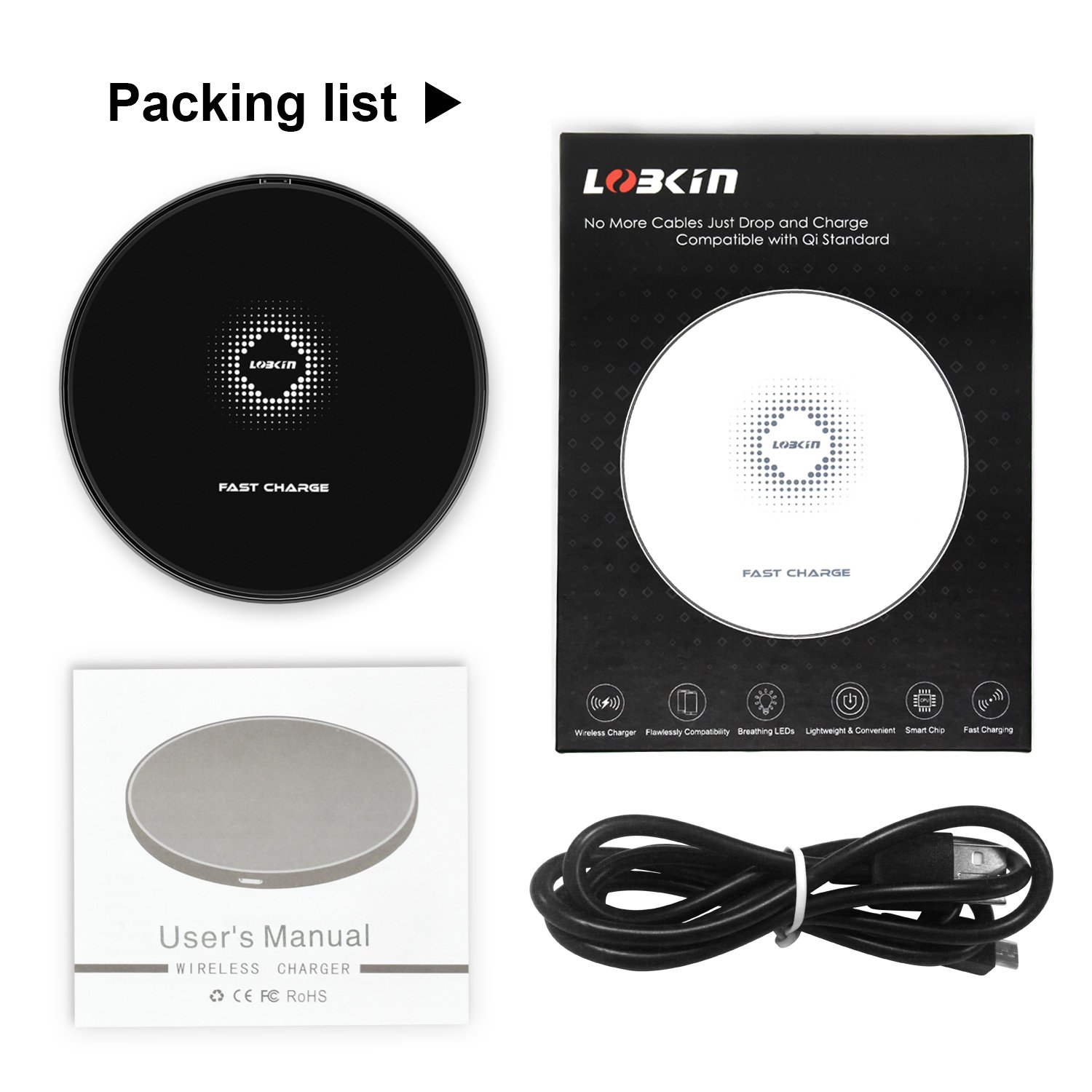 Fast Wireless Charger, LOBKIN Ultra Slim Qi Wireless Charger QC 3.0 Quick Charge Portable Charging Pad for iPhone X, iPhone 8/8 Plus, Samsung Galaxy S9/S9 Plus/Note 8/S8/S8 Plus (Black)