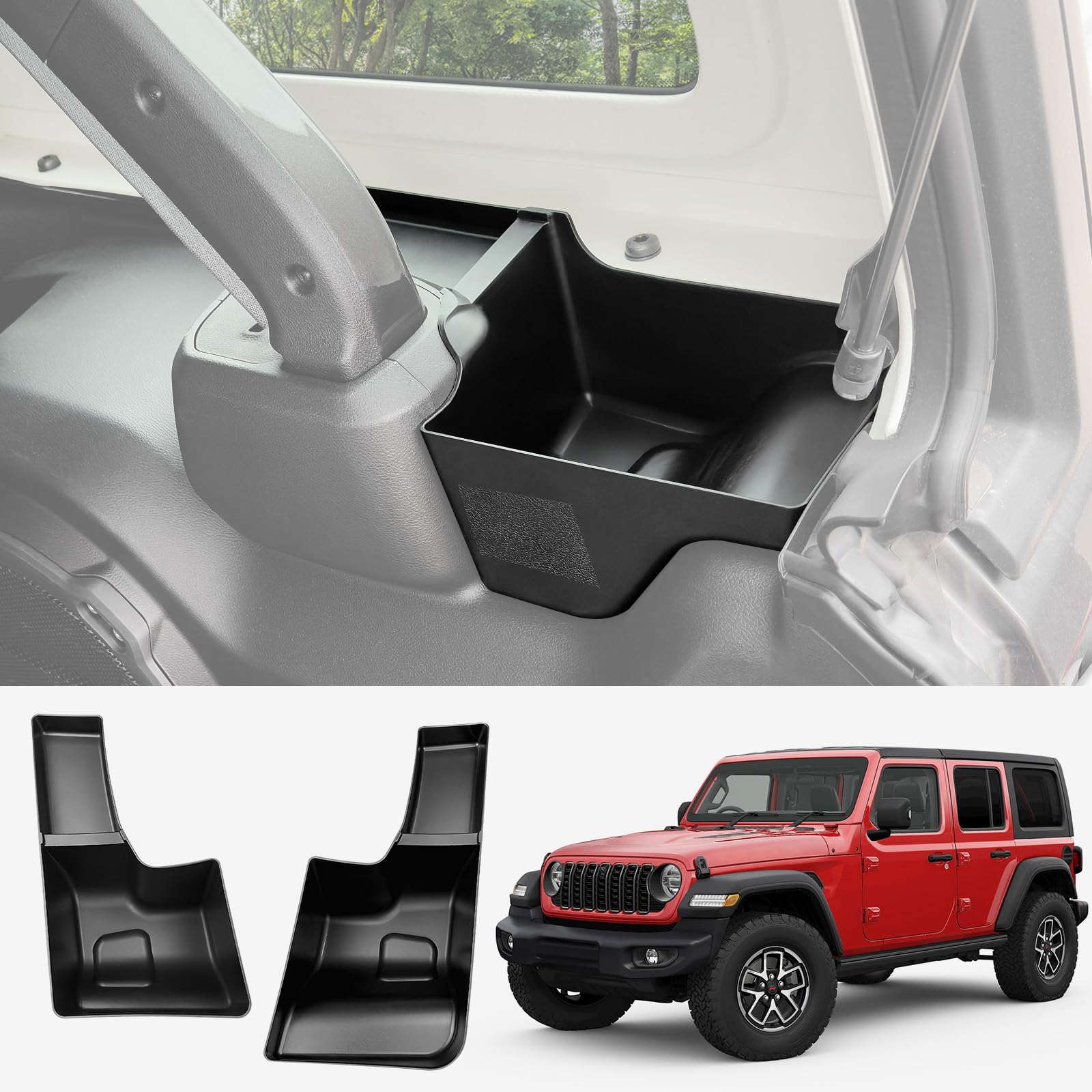Photo 1 of Utiiy Wheel Well Storage Bin Fit for 2024+ Jeep Wrangler JL JLU 4XE Rear Trunk Side Storage Box Cargo Organizer Cargo Tray for Wrangler JL 4dr Accessories(24+ Trunk Organizer, Not Gladiator)