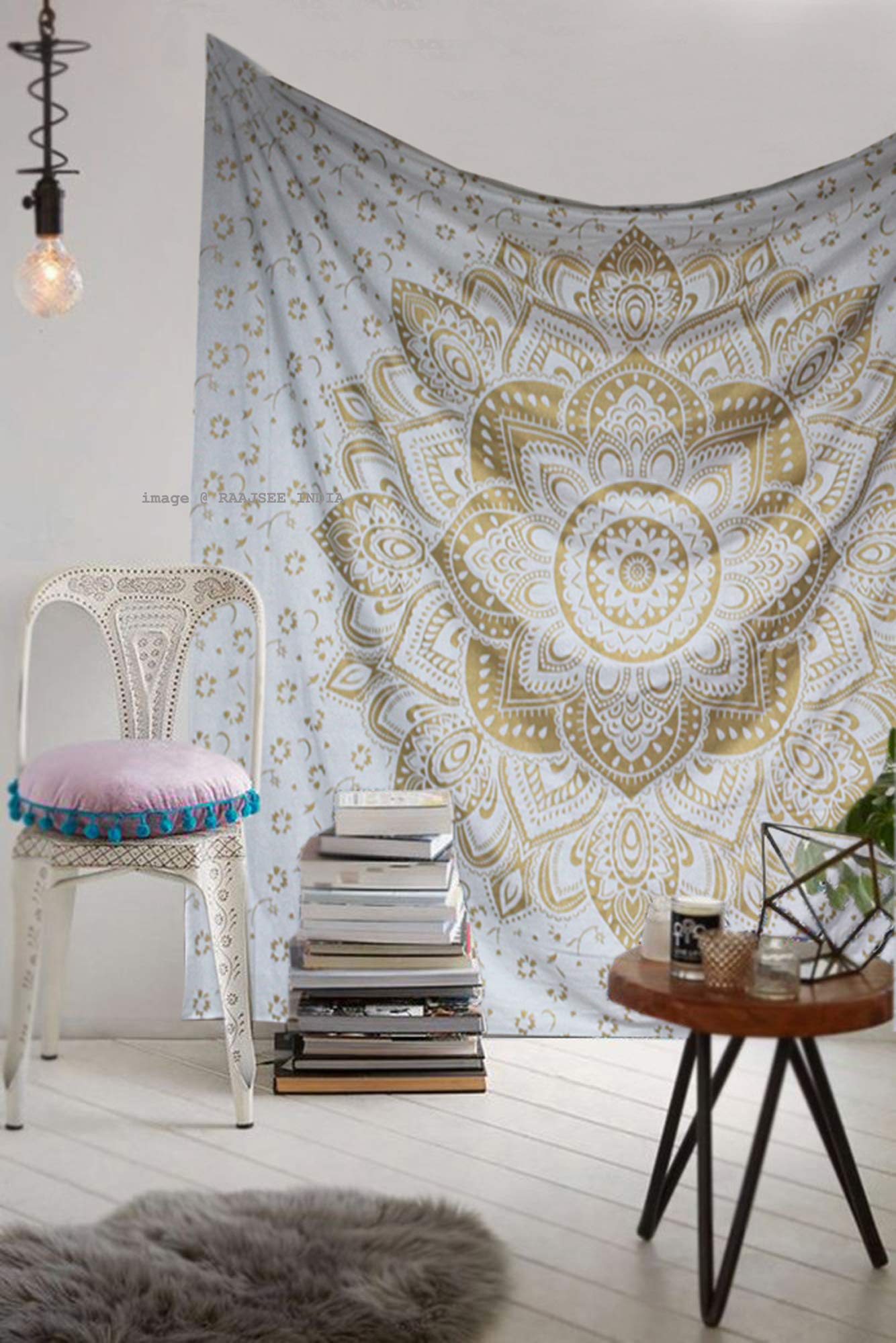 raajsee Metallic Gold Tapestry Wall Hanging Mandala-Bohemian Dorm Decor Hippie Tapestries-Boho Bedding Golden bedspread yoga mat throw Twin (52x82 Inches / 132x208 Cms)