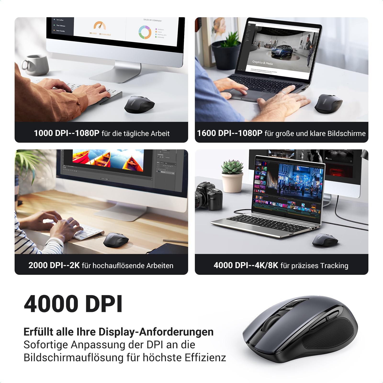 UGREEN 2.4G Maus kabellos mit 4000 DPI, Ergonomisches Design, Wireless Mouse mit USB Empfänger, 18 Monate Akkulaufzeit, funkmaus kompatibel mit Laptop Computer Windows macOS Linux (Schwarz) 3