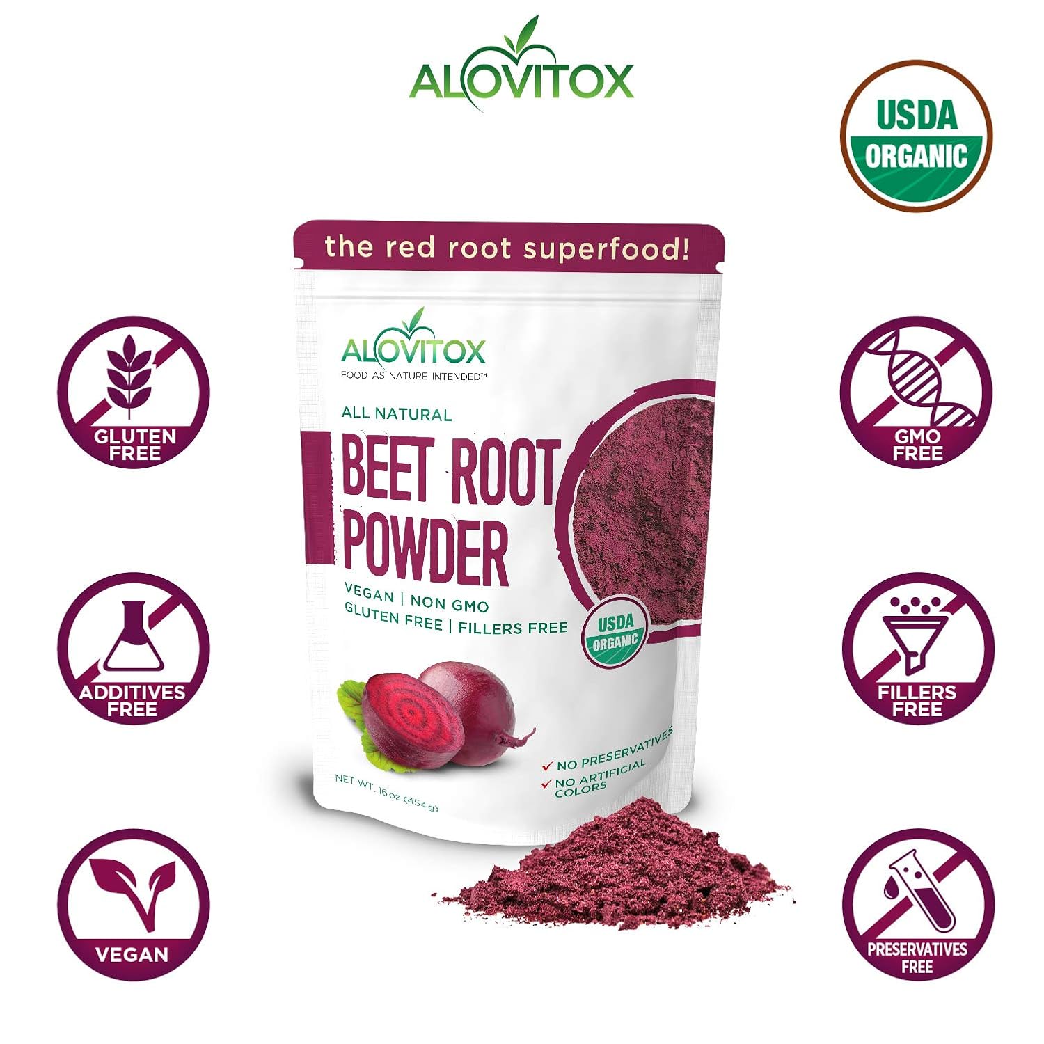 Alovitox Organic Beet Root Powder 16 oz Raw Vegan & Gluten Free (Beet Root Powder, 16 oz): Health & Personal Care