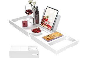 YOUPEHOM Premium Bathtub Caddy Tray,Expandable Bamboo Bath Tray for Tub,Foldable Minimalist Bathroom Accessories with Book Stand for Home Spa Relaxing,Unique House Warming Gifts,White