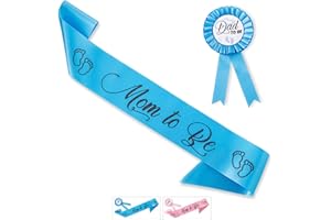 CORRURE Baby Shower Sash and Button Pin for Boy - 'Mom to Be' Sash and 'Dad to Be' Pin with Beautiful Blue Ribbon and Black Glitter Text - Ideal Mom and Dad Gift for Gender Reveal/Baby Shower