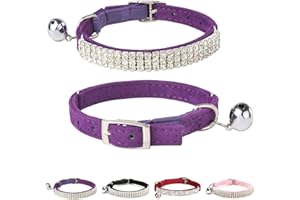 BINGPET Diamond Cat Collar,Adjustable Soft Velvet Leather Safe Kitten Collar with Shiny Rhinestones and Bells,Girl Boy Bling Stylish Cat Collars with Safety Elastic for Small Medium Cats（Purple）