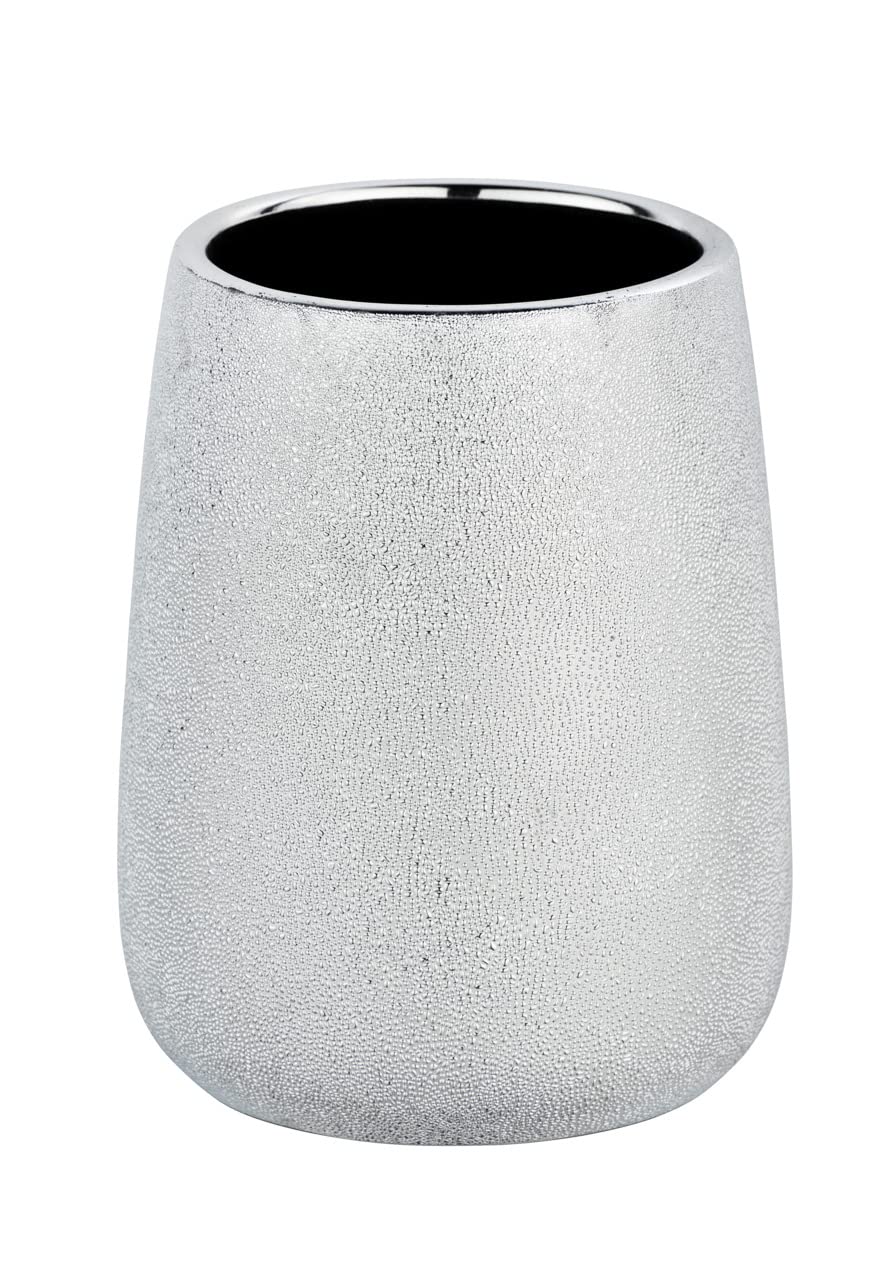 WENKO Glimma Silver Ceramic Tumbler - Toothbrush Holder for Toothbrush and Toothpaste, Ceramic, 8.5 x 10.5 x 8.5 cm, Silver