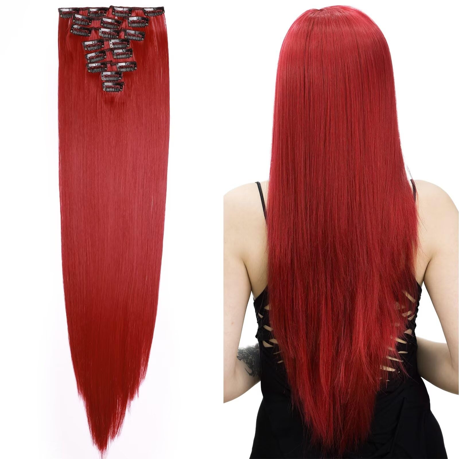23inch Hair Extension 8 Pcs full Head Set Clip In Hair Extensions Hairpiece Straight Heat-Resisting Dark Red — image 1