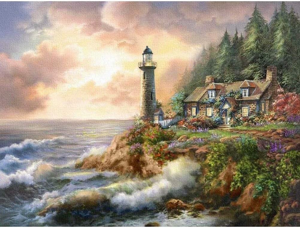 DIY 5D Diamond Painting by Number Kits, Full Drill Crystal Rhinestone Embroidery Kits Canvas Art Supplies Cross Stitch Crafts for Office Home Wall Decor 16x12 Inch (LightHouse2)