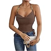 OYOANGLE Women's Tie Back Knitted Halter Tops Metal Strap Ruched Crochet Y2k Cami Tops Sleeveless Summer Going Out Tops