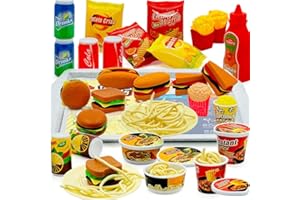 TAKEN ALL Pretend Play Kitchen Food Set for Kids Hamburger Fries Noodles Drink with Tray Playset,Play House Kitchen Accessories Role Toys Birthday Gifts for Boys Girls 3 4 5 Yrs (31Pcs Hamburger Chips)