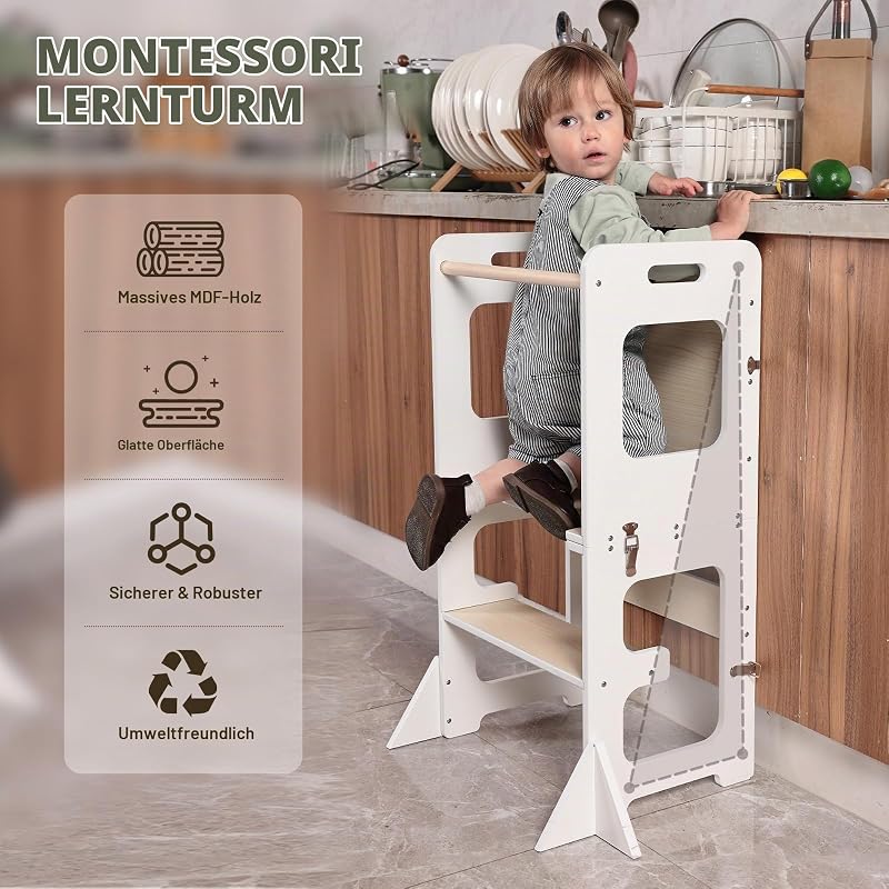 Lernturm ab 1 Jahr, Montessori Learning Tower mit Tafel, 3 in 1 Multifunktion Lernturm Klappbar, Umkippschutz Farbblockiertes Tritthocker Kinder-Weiß&Holz