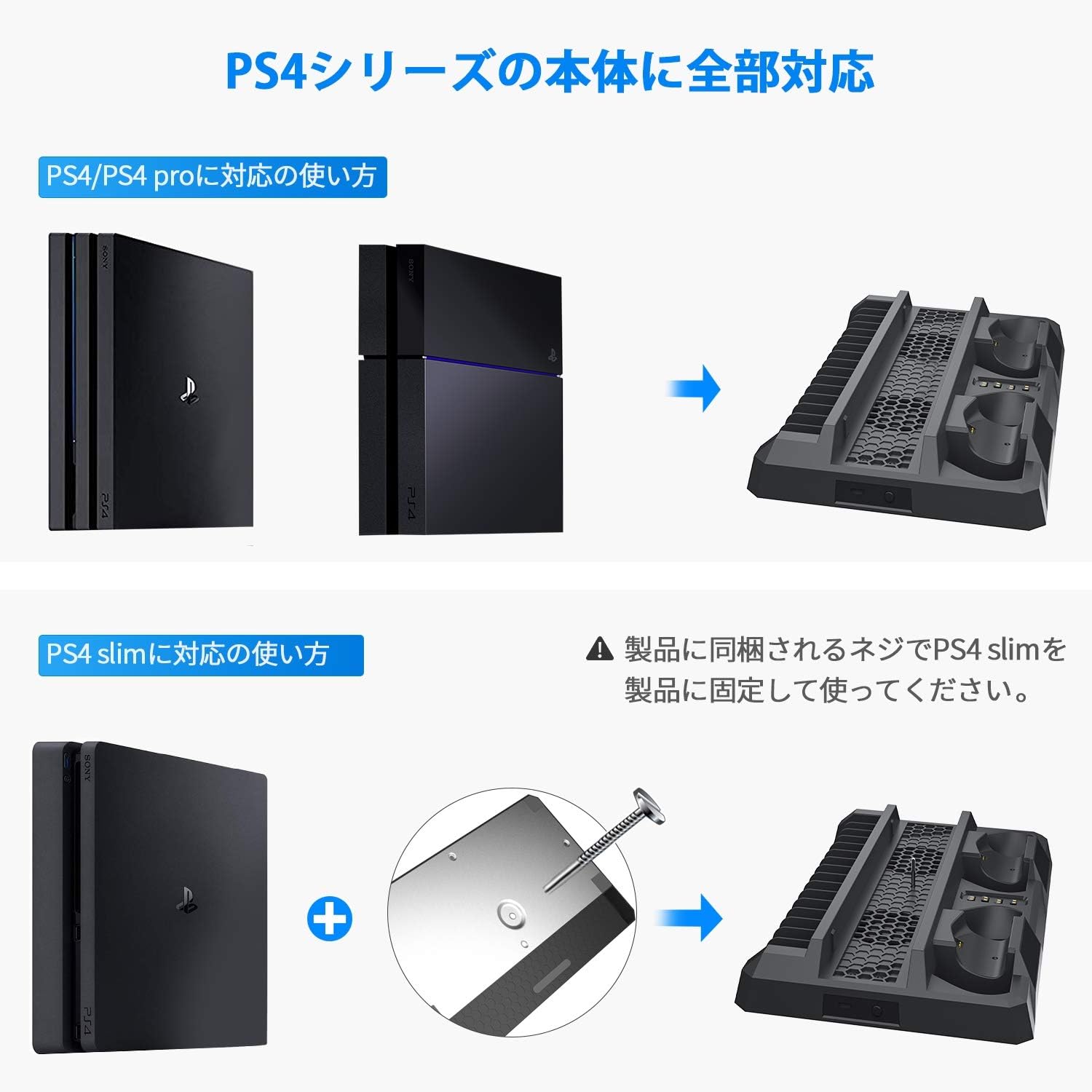 Amazon Ps4 スタンド Beboncool Ps4 Pro Slim 縦置きスタンド Ps4 冷却 ファン 置くだけ コントローラー充電 スタンド ゲームディスク収納 ケース 収納
