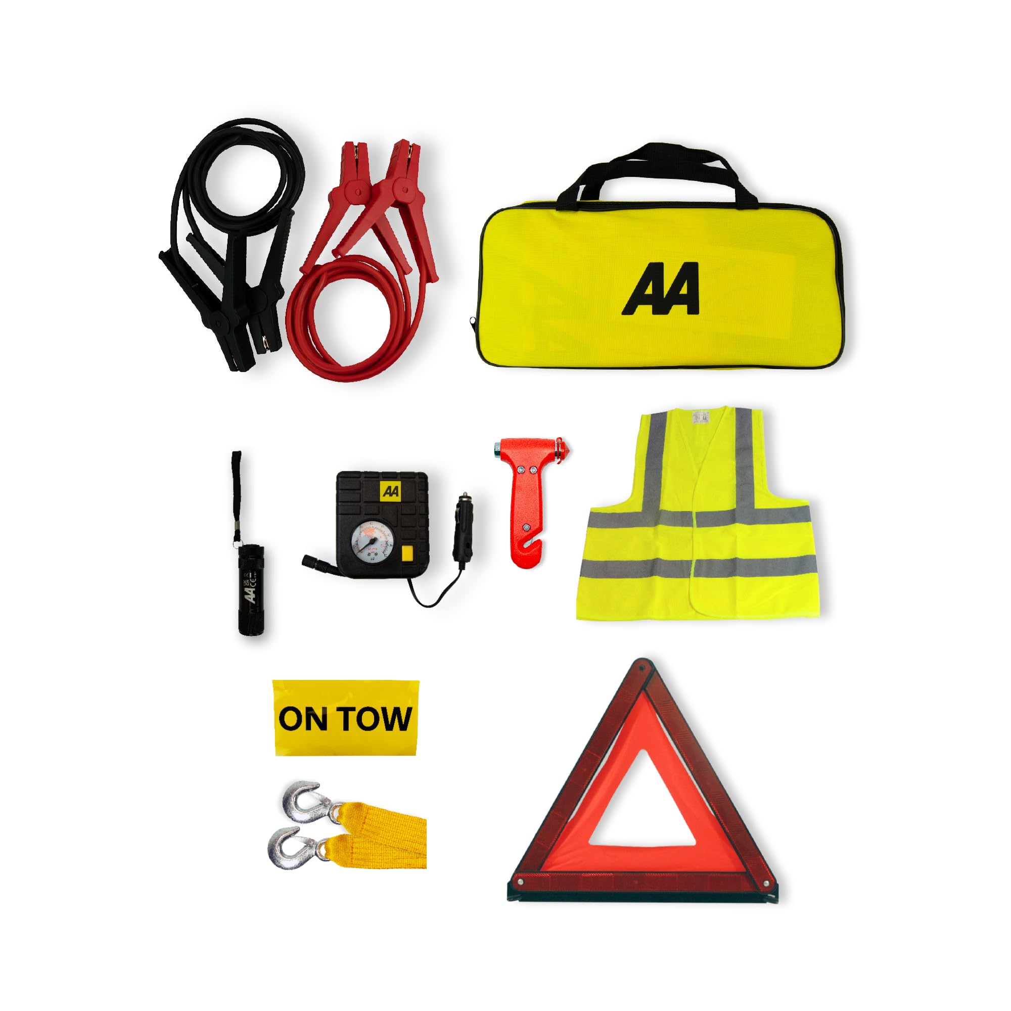 AA Vehicle Breakdown Safety Kit Plus AA5618 – Tyre Inflator, Warning Triangle, Tow Rope, Hi-Vis Vest, Torch, Glass Hammer, Booster Cables, Storage Bag