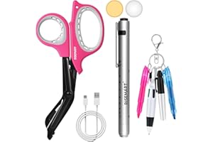 RISEMART Nurse Essentials, Rechargeable Pen light with Medical Scissors and 4 Pen Set, 7.5"Trauma Shears with Warm/White Penlight and Mini Pen, Tools Set for Nurse, Nursing Student, Doctor