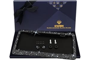 EWBN Bling Rhinestone License Plate Frame for Women，Diamond Sparkly Frames| Stainless Steel Frames & Over 1200 pcs Finest 14 Facets Black Glass Crystals Premium Diamond+GiftBox(Black)