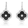Lavari Jewelers Flower Dangle Earrings for Women - Black Onyx Green Malachite or Mother of Pearl & Cubic Zirconia in 925 Sterling Silver - Hypoallergenic Gold Plated - Fish Hook Clover Drop Earrings