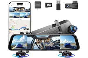 MERCYLION 2025 Rear view Mirror Camera,4 Channel Mirror Dash Cam Front and Rear,24/7 Recording Rearview Mirror Backup Camera for Cars & Trucks,12" Touch Screen,Built-inWiFi,GPS,IR Night Vision,Free 64GB SD Card
