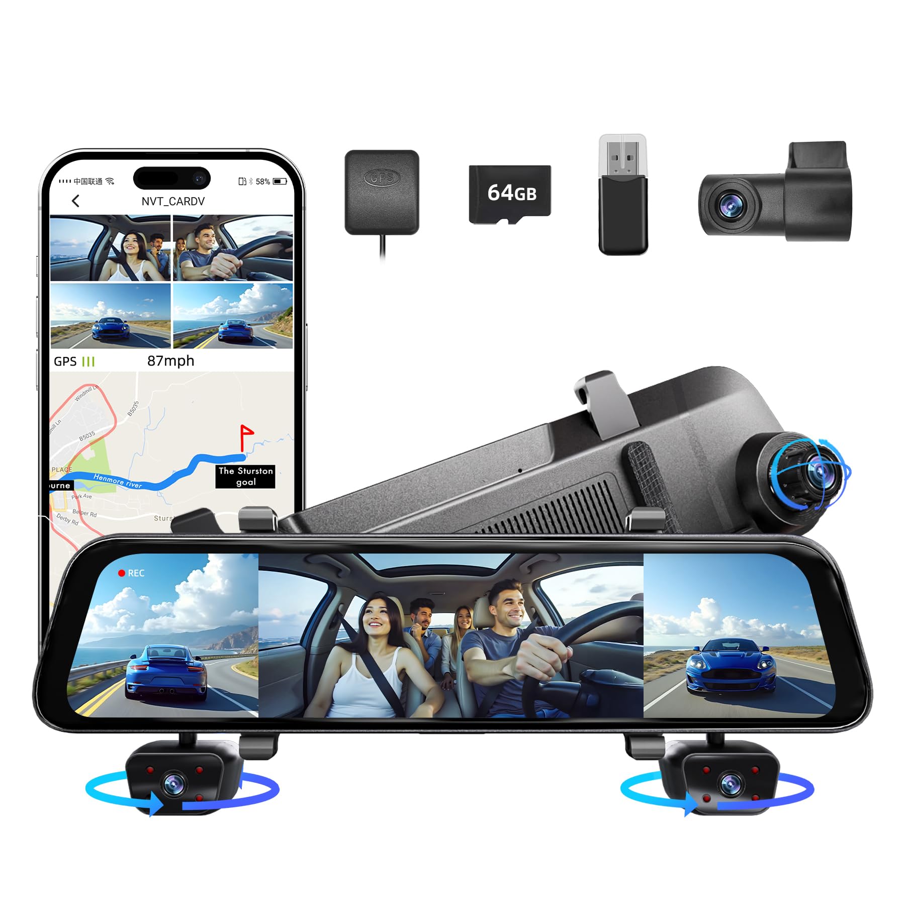 Photo 1 of 2025 Rear View Mirror Camera,4 Channel Rearview Mirror Dash cam Front and Rear,Left,Right, 24/7 Recording,12" Touch Screen Dash Camera for car Trucks,Built-in WiFi,GPS,8IR Night Vision,Free 64GB Card