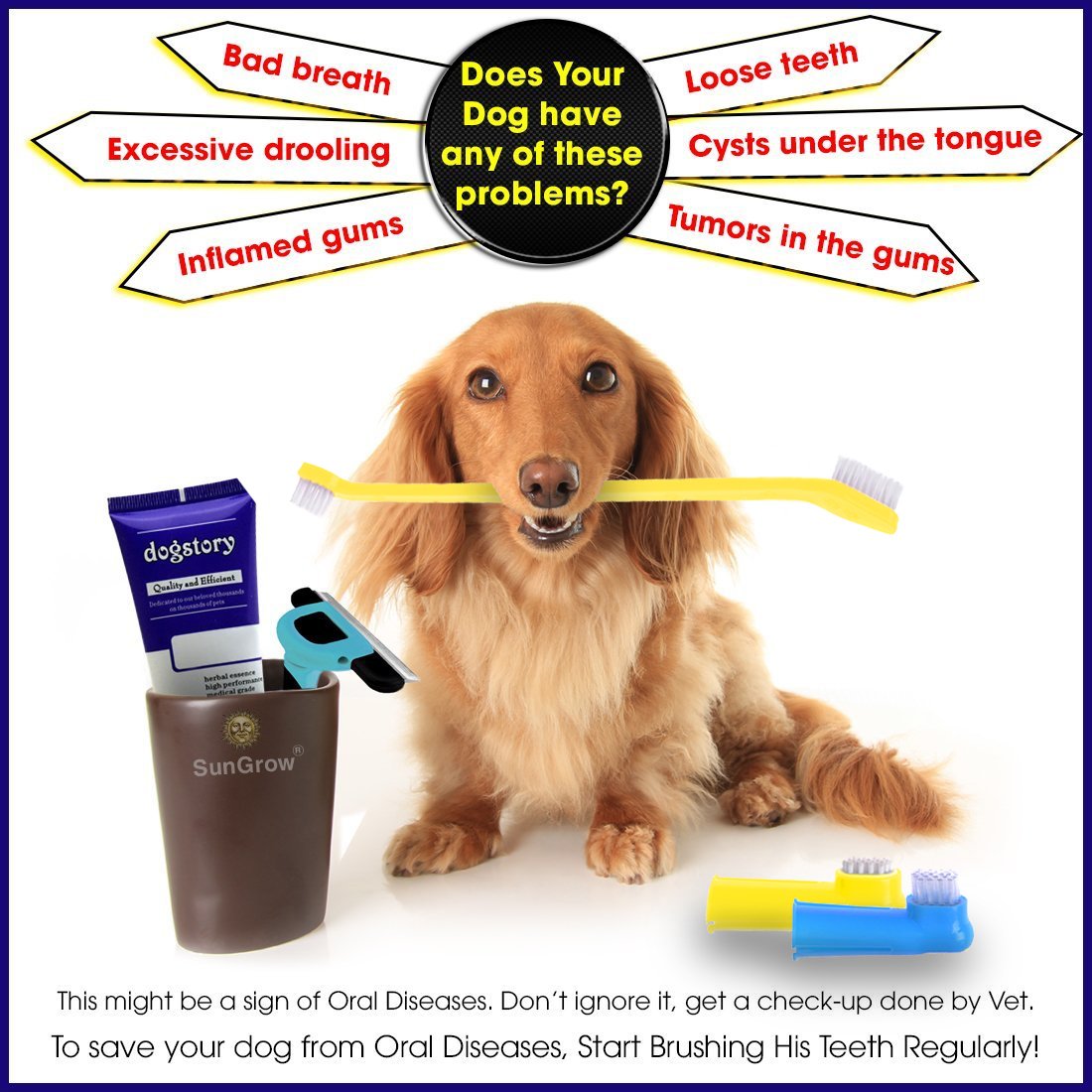 3 pcs Dog Toothbrush Set -- Dual-headed brush for better dental care - 2 Bonus Finger Brushes included - Removes plaque, freshens dog's breath - Vet & Pet Groomer Recommended - Use with Dog Toothpaste