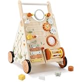 Pithfor Wooden Baby Walker, Baby Push Walker with Activity Center for Girls Boys, Montessori Push Walker Toys for Babies Learning to Walk, Sit-to-Stand, for 10-12 Months 1 2 3 Years Old