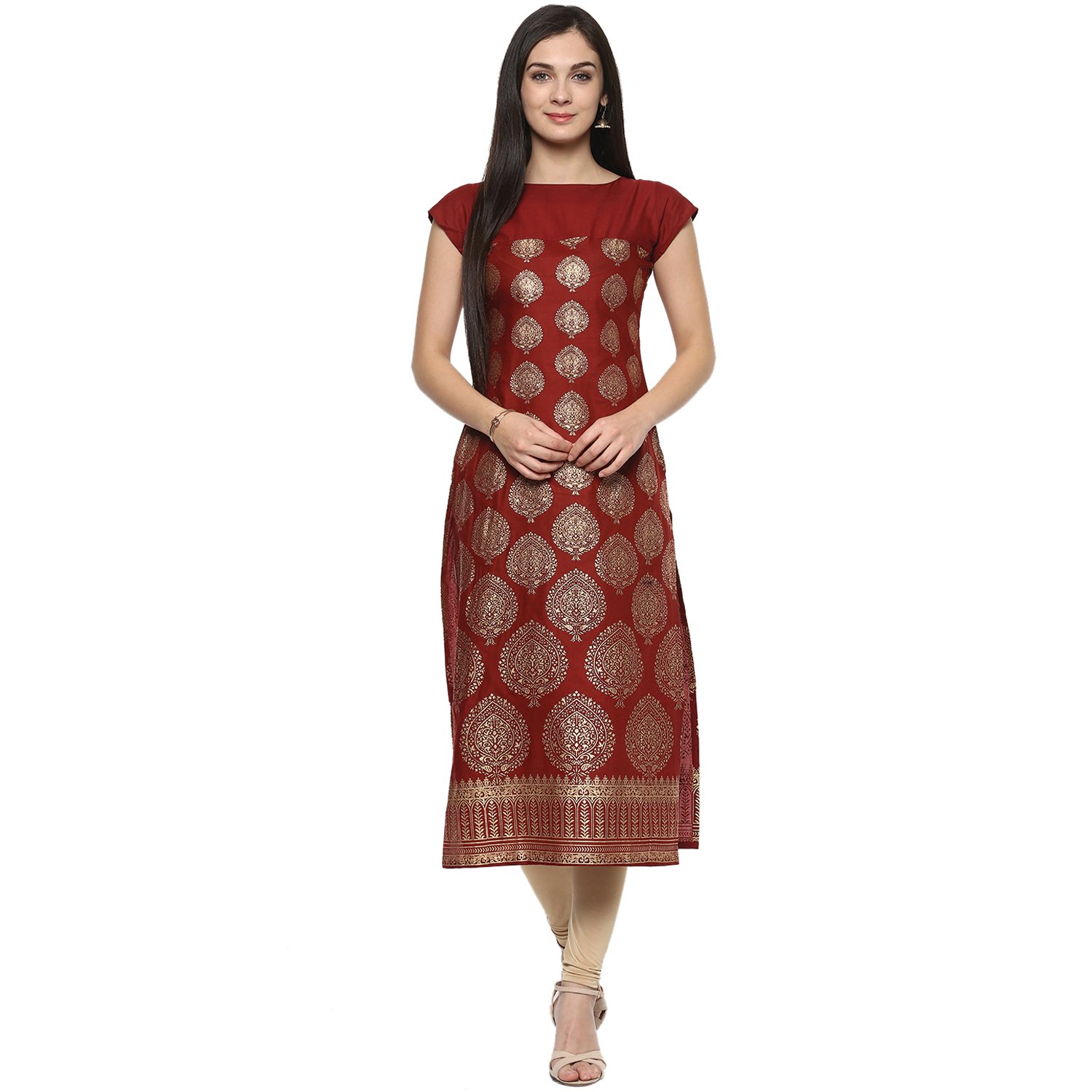 ives straight maroon cotton printed printed casual kurti for women