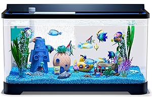 TUHAOKING LED Aquarium Fish Tank Kit,（Light + Filter + Green Plants + Blue Sand + Pineapple Houses + Shells） Black, 4.5 Gallon
