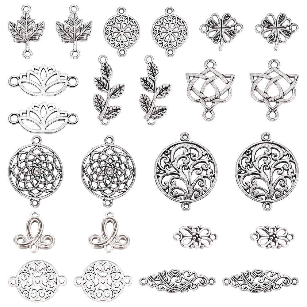 SUNNYCLUE 1 Box 72Pcs 12 Styles Flower Connector Charms Flat Round Link Connectors Autumn Tibetan Style Charms Leaf for Jewellery Making DIY Earring Necklace Bracelet Crafts Supplies