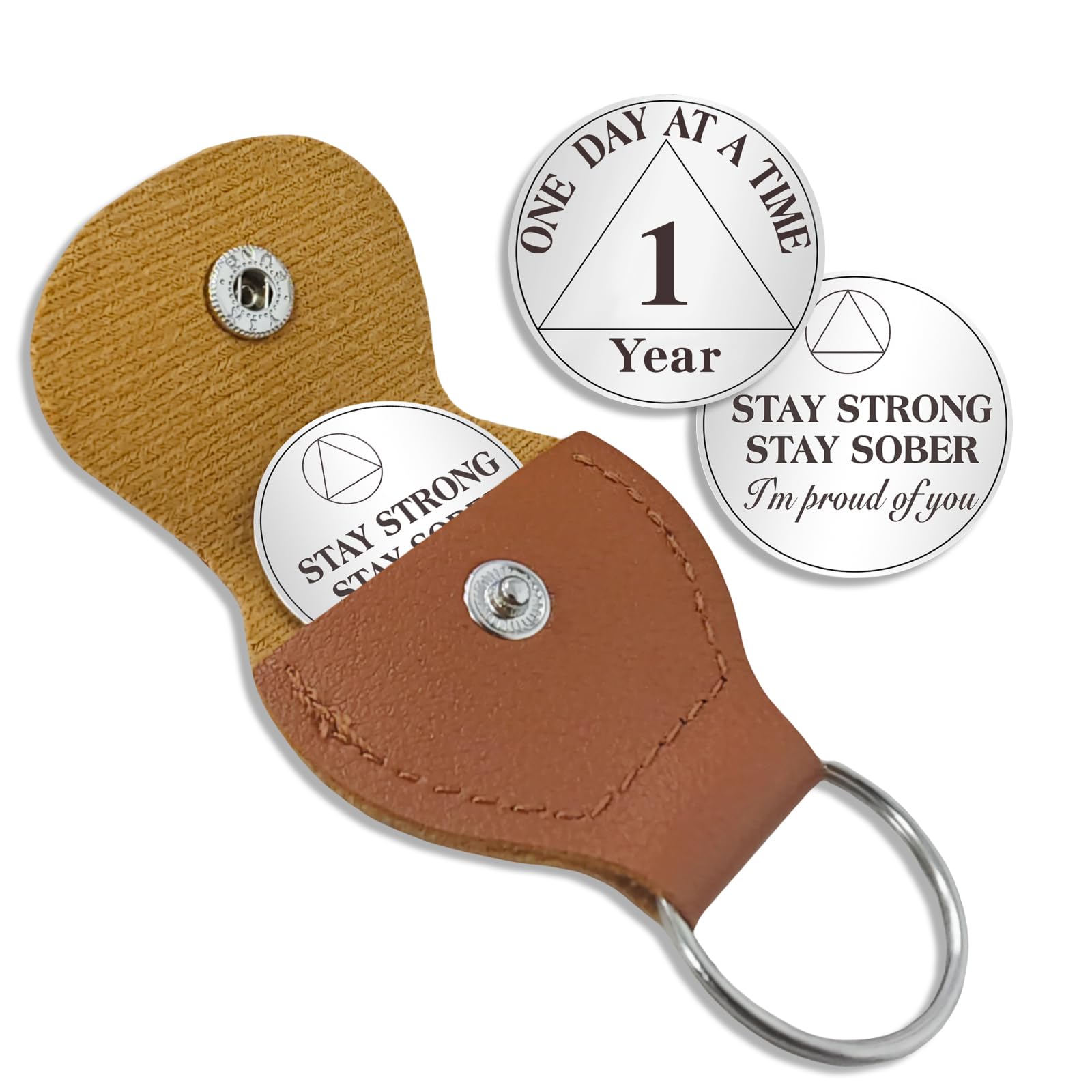AtSKnSK 1 Year Sobriety Coin One Day at a Time AA Chips and Medallions with PU Leather Keychain Sobriety Gifts for Celebrating Alcoholics Anonymous Recovery Sobriety Gifts for Men Women