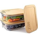 JUST VEGAN Airtight Glass Food Storage Containers with Bamboo Lids, Set of 2 Secure-Seal Containers for Meal Prep, 100% Leakproof, Plastic Free, Oven & Microwave Safe (2 Pack)