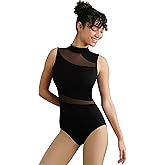 Tegmk Women Mock Neck Ballet Leotards for Dance, Asymmetrical Mesh Splicing, Chest Padding, Big Hollow Back